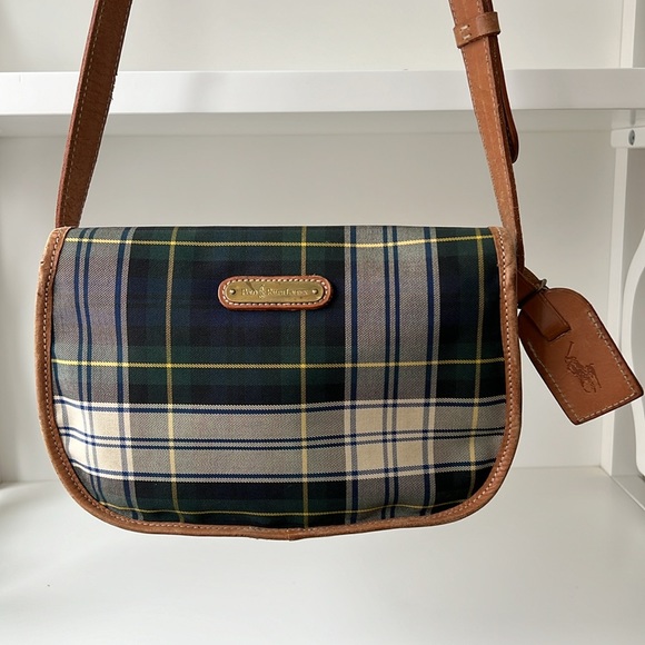 Ralph Lauren Vintage Tartan Plaid Blue Green Leather Brass Canvas Plaid Bag - Picture 2 of 15